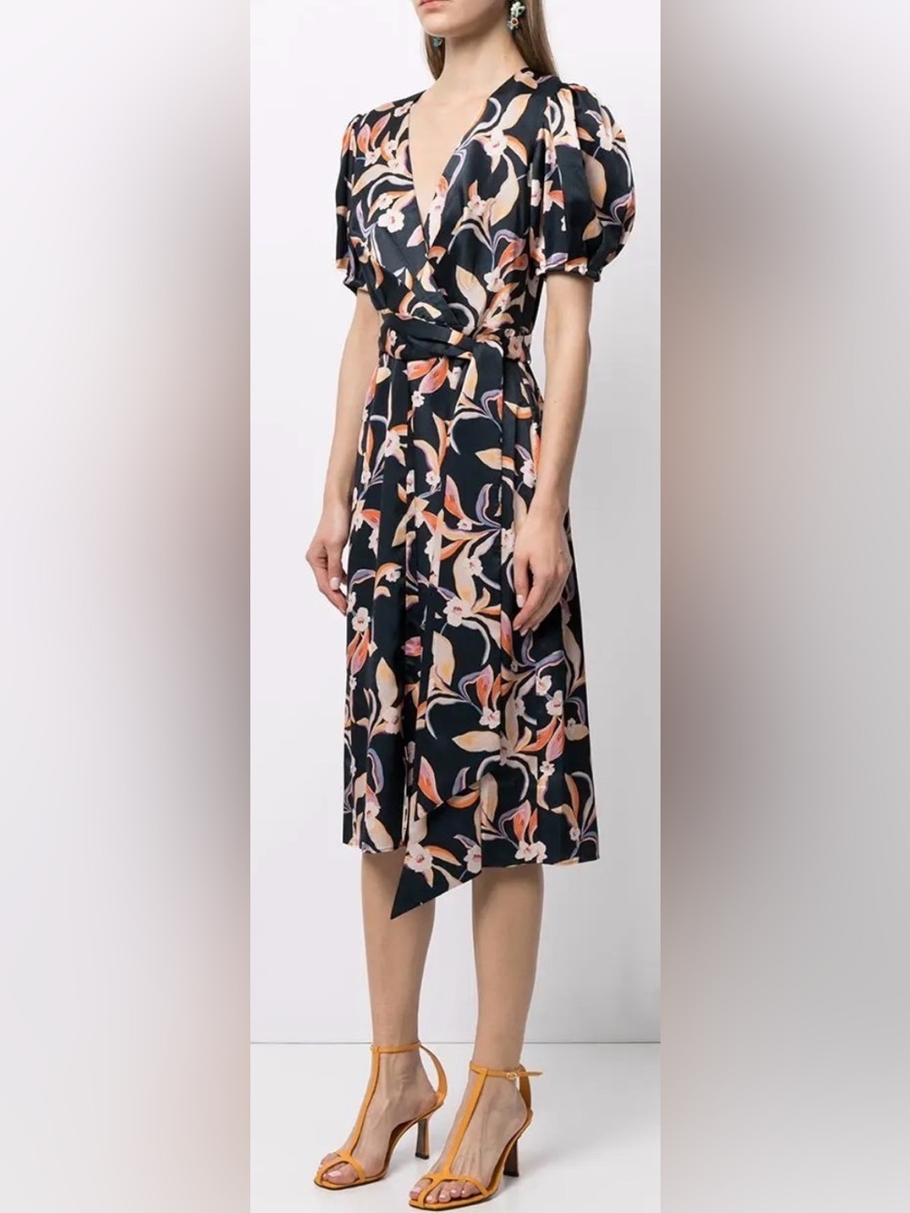 SACHIN & BABI Casey Navy Floral-Print Flared Dress Midi Puff Sleeves ASO Sz 4 - Picture 10 of 11